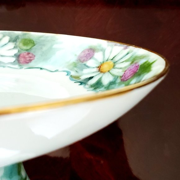 Vtg Hand Painted Jewellery Trinkets Dish Daisies Pedestal & Gold Trim Desserts - Picture 6 of 7